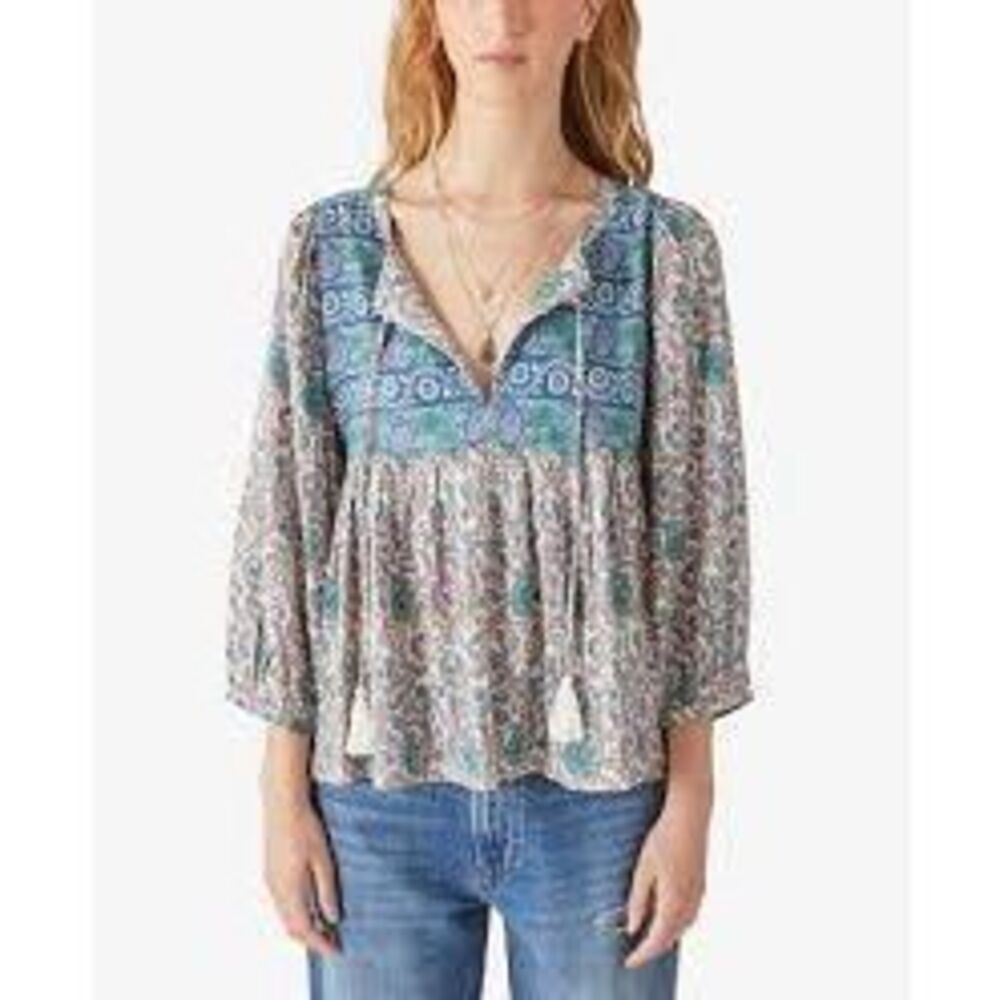 NEW Lucky Brand Peasant Top Sz L Boho 3/4 Sleeve